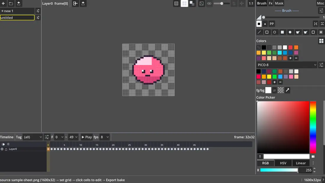 The NoobPixelSprite timeline playing an imported sprite sheet — frames, row tags, FPS and playback