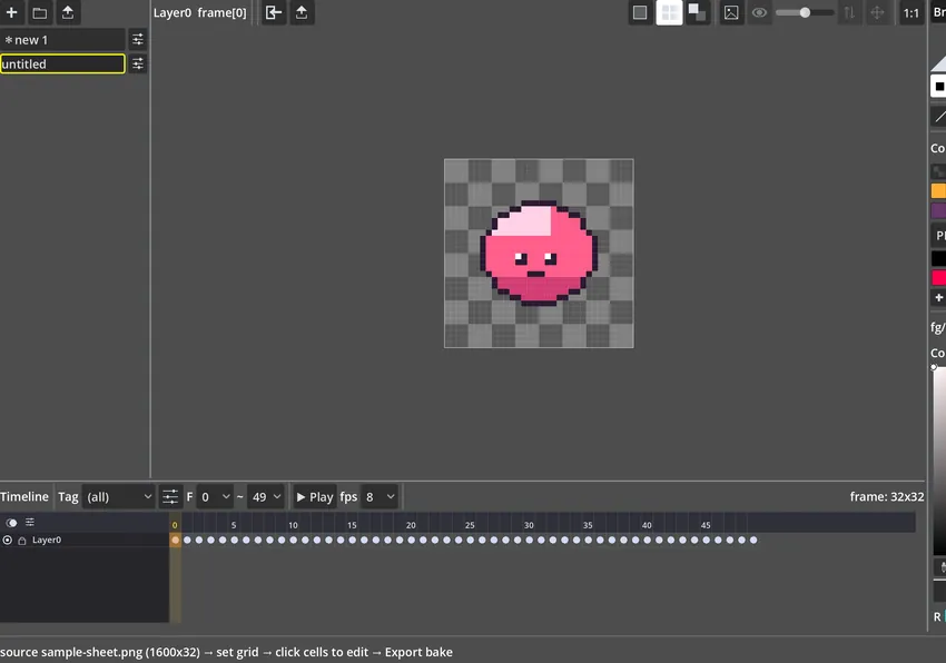 The imported sheet in the editor: a sprite playing in the canvas, frames on the timeline