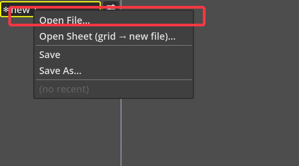 The folder menu open, with 'Open File…' boxed in red