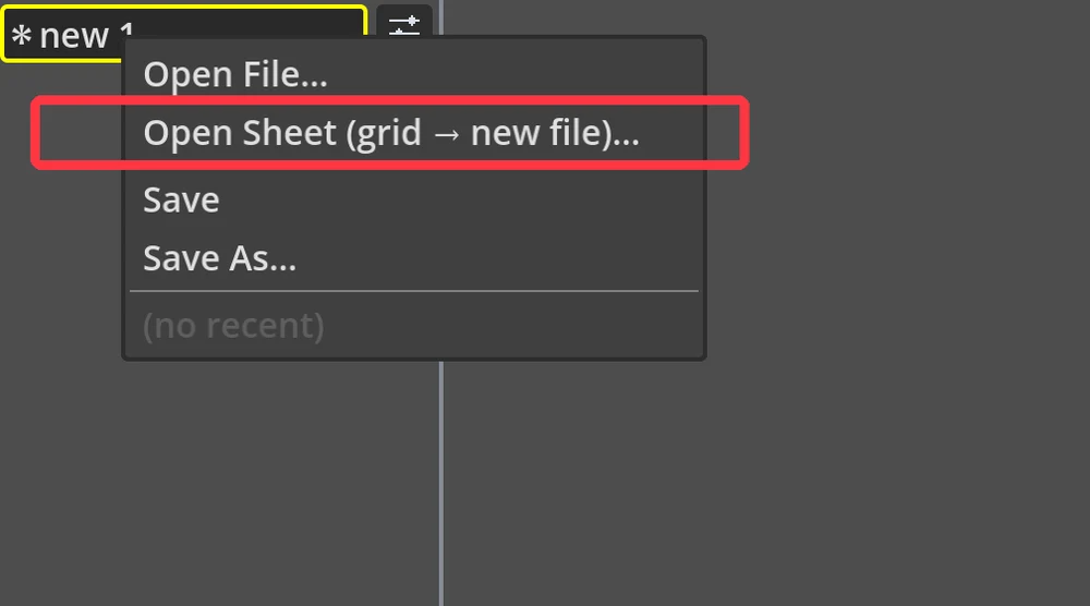 The folder menu open, with 'Open Sheet (grid → new file)…' boxed in red